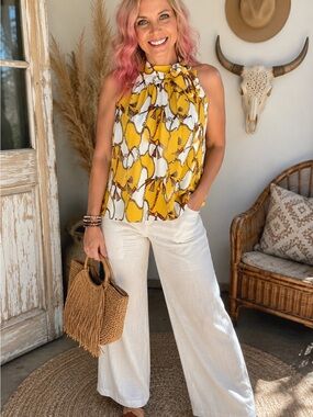 Mine Yellow Chain Print Halter Blouse Bow Neck Sleeveless Top Medium